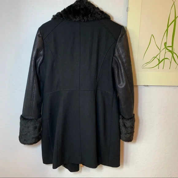 Black faux fur asymmetric moto jacket style wool winter coat overcoat - Picture 4 of 11